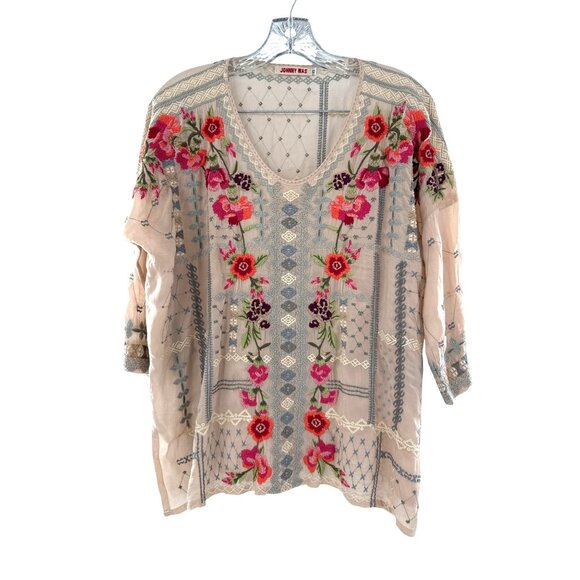 Johnny Was Carnation Boho Floral Embroidered Blouse‎ XS Beige V-Neck 3/4 Sleeve - Picture 1 of 9